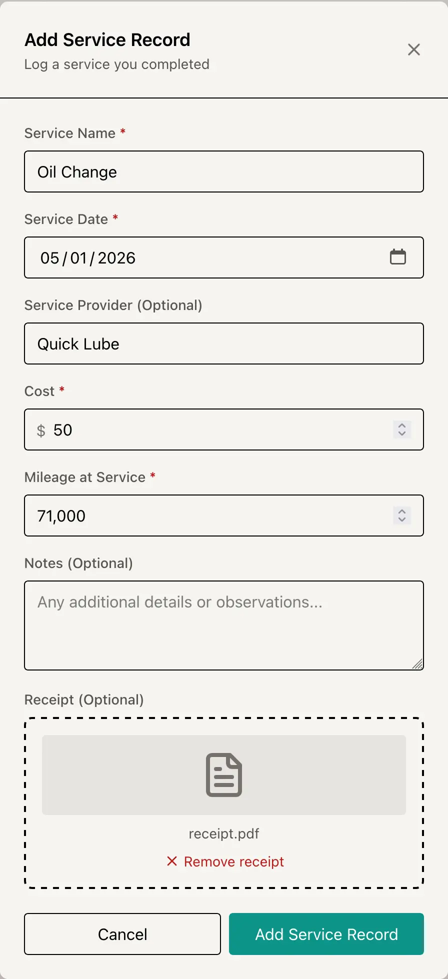 Add Service Record modal with provider, cost, mileage, and receipt upload fields