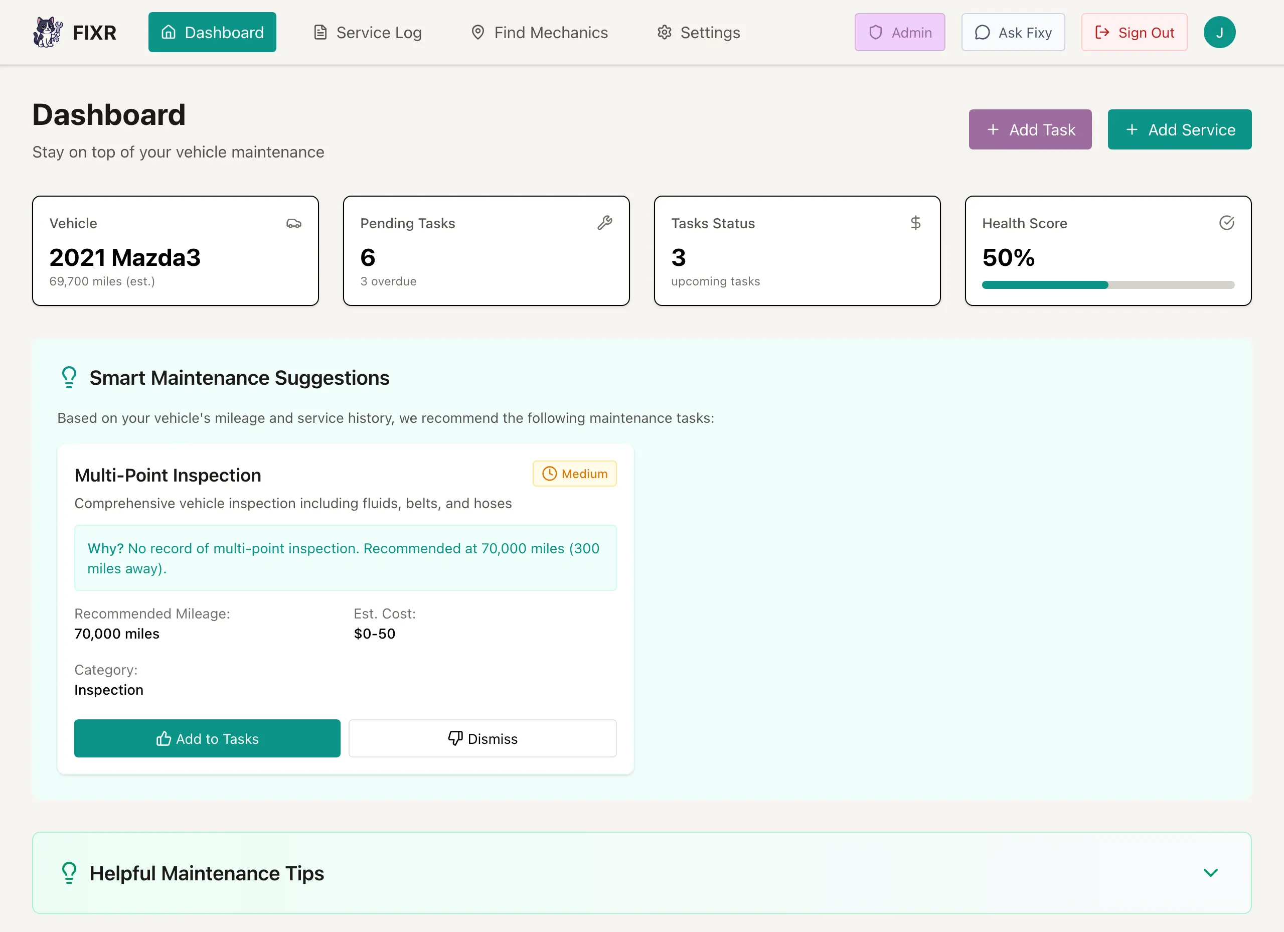 FIXR Dashboard with vehicle health score and smart maintenance suggestions