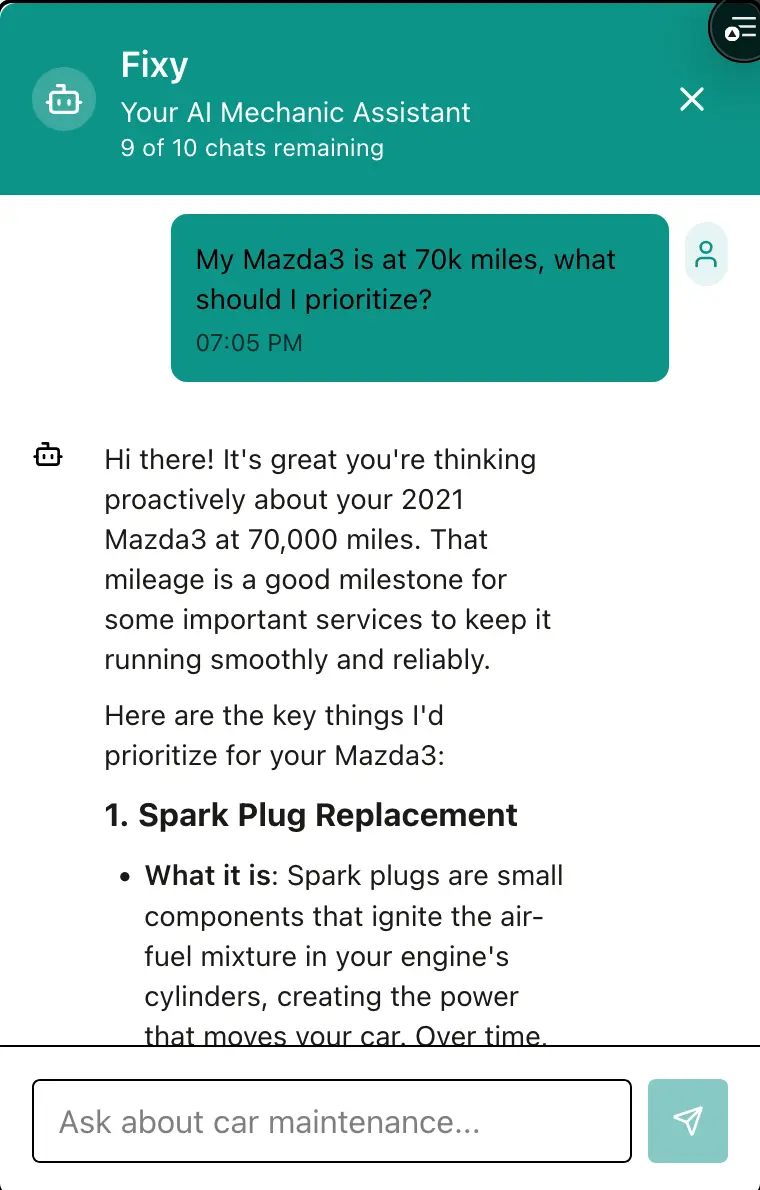 Fixy AI mechanic assistant answering a question about a 2021 Mazda3 at 70k miles