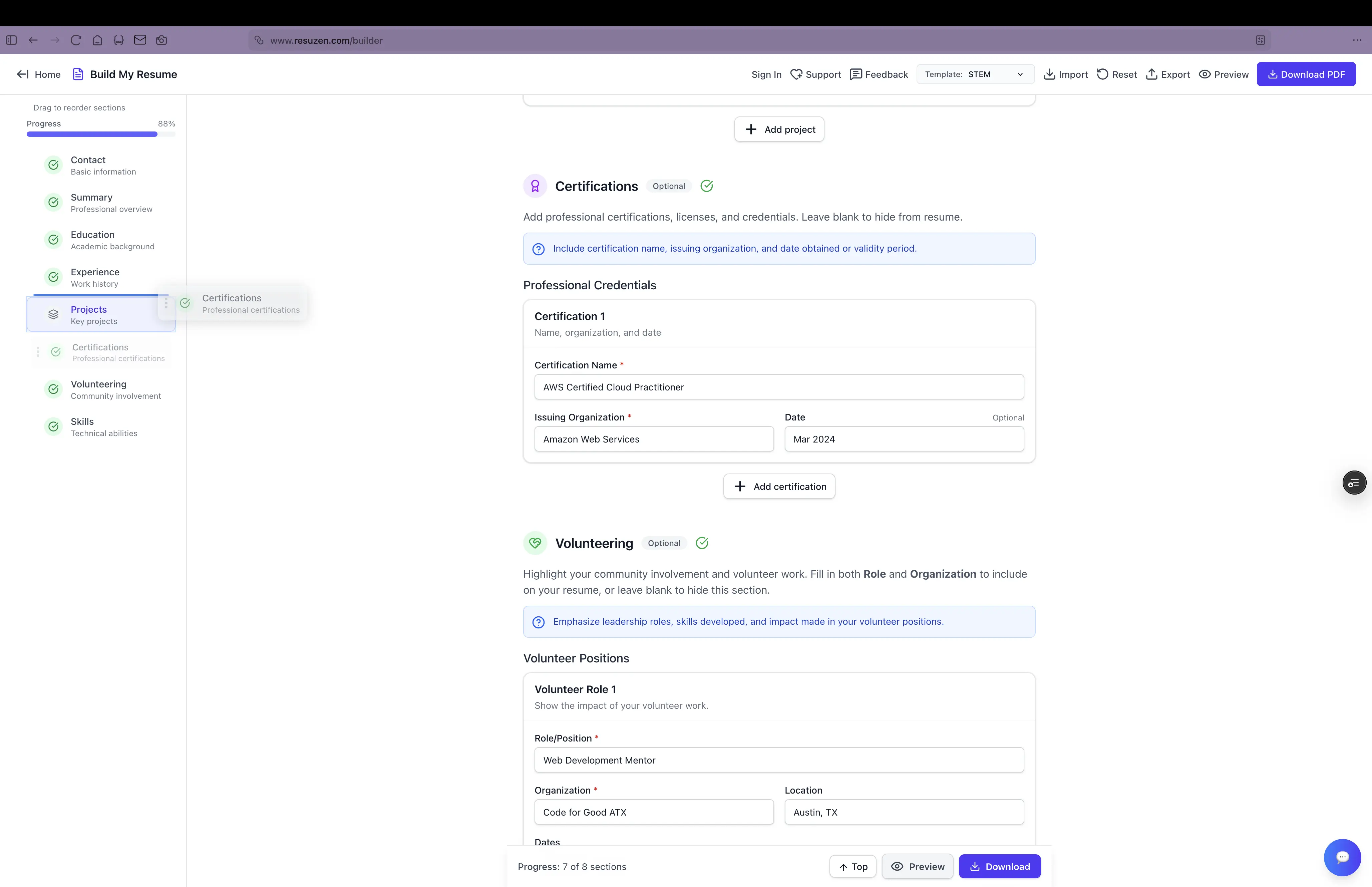 Drag-and-drop section reordering in action
