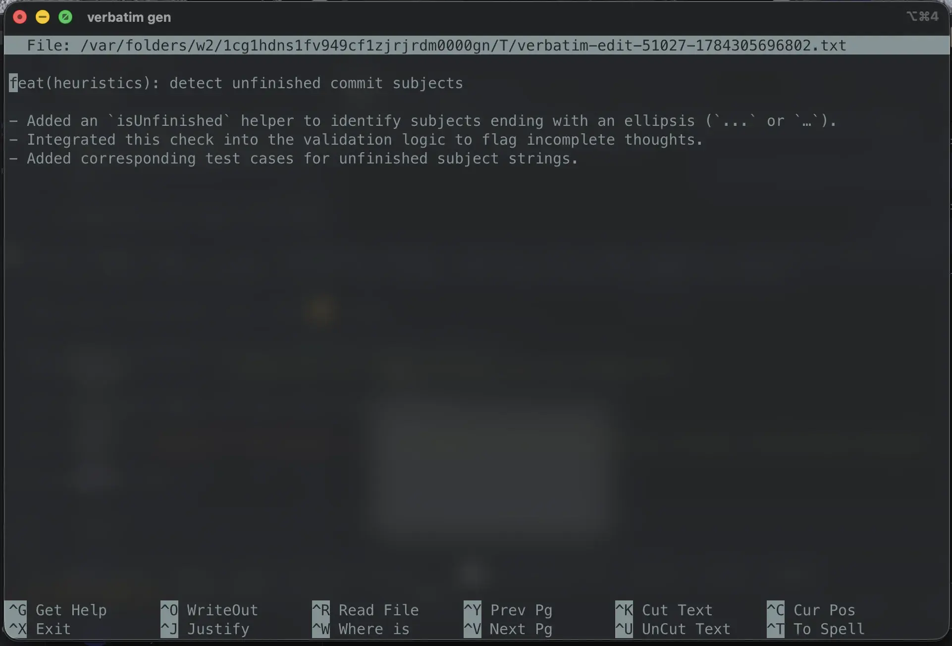 A generated conventional-commit message open in the terminal editor before committing