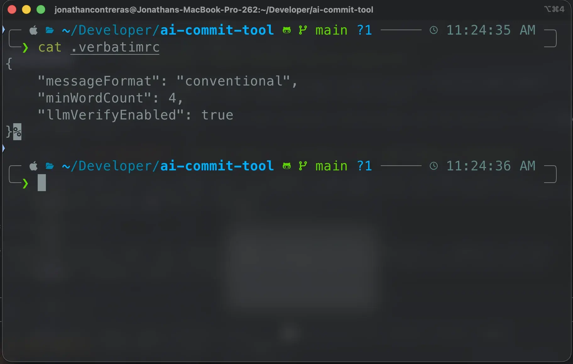 A .verbatimrc JSON file setting conventional format, a minimum word count, and LLM verify